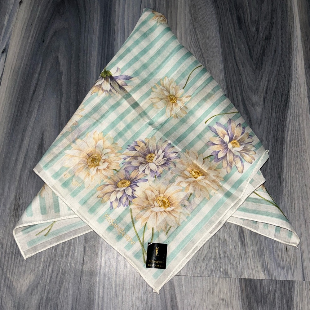 Yves Saint Laurent Vintage Mint & White Striped Floral Cotton Handkerchief Scarf - Picture 10 of 12